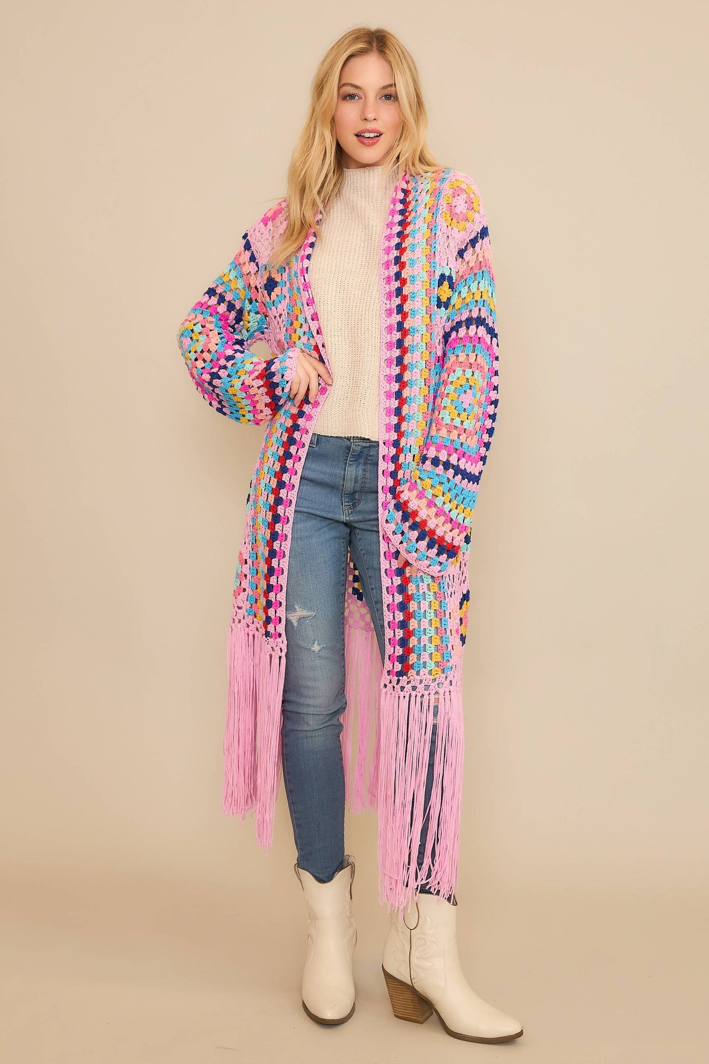COLORFUL CROCHET FRINGE CARDIGAN DUSTER: Black Combo / SM-ML(3-3)