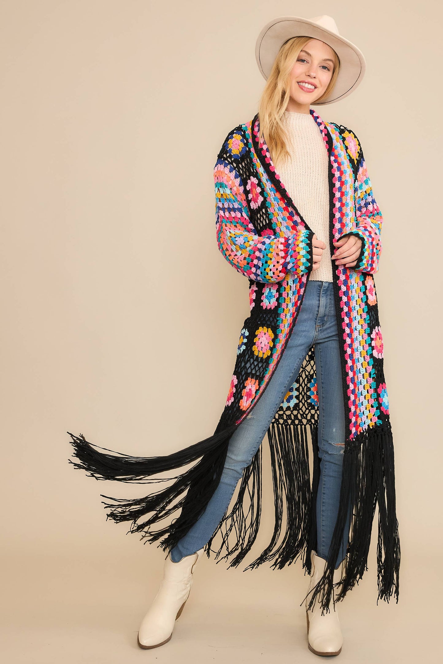 COLORFUL CROCHET FRINGE CARDIGAN DUSTER: Black Combo / SM-ML(3-3)