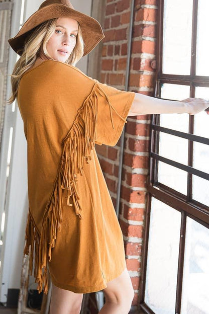 Fringe Back T-shirt Mini Dress - Camel