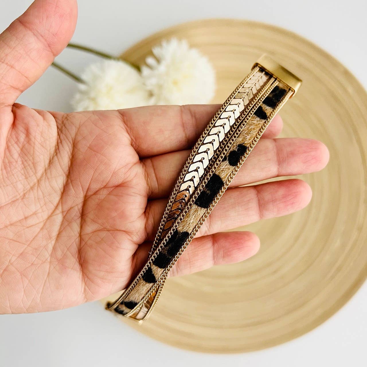 Gold Leopard Strap Bracelet | Magnetic Clasp | Boho Jewelry