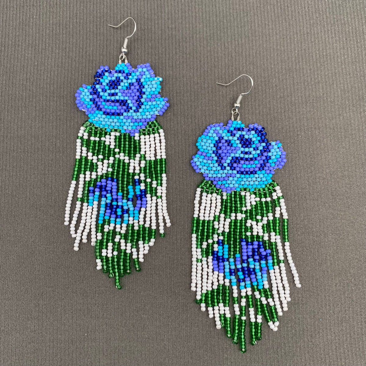 Blue Flower Handmade Seed Beads Tassel Earrings - SB