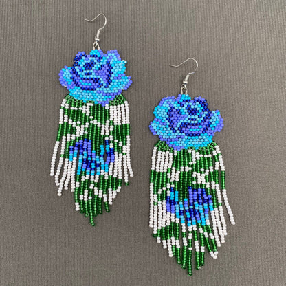 Blue Flower Handmade Seed Beads Tassel Earrings - SB