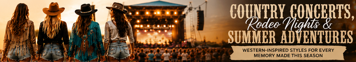 People in cowboy hats looking at a stage with text about country concerts and rodeo nights.