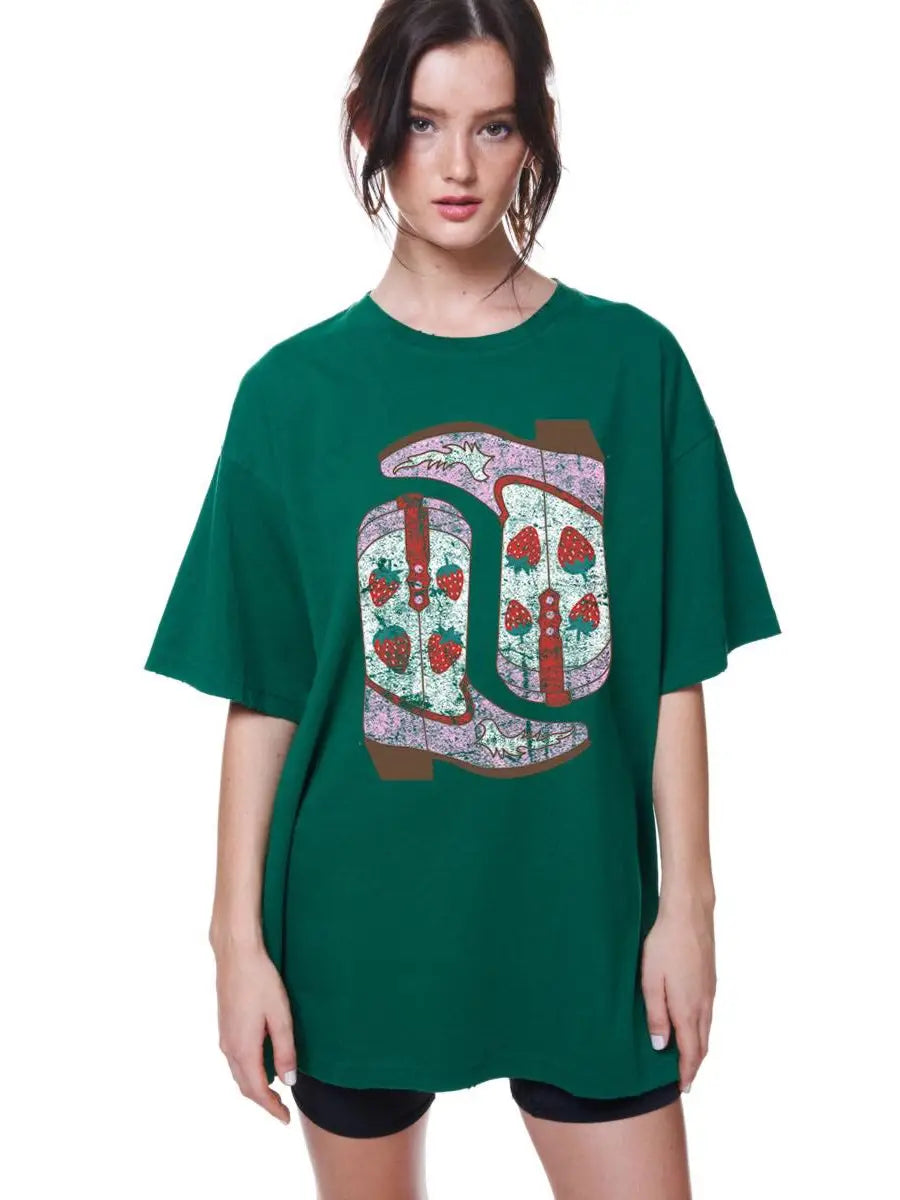 Strawberry Cowboy Boots Western Graphic Oversized Tee