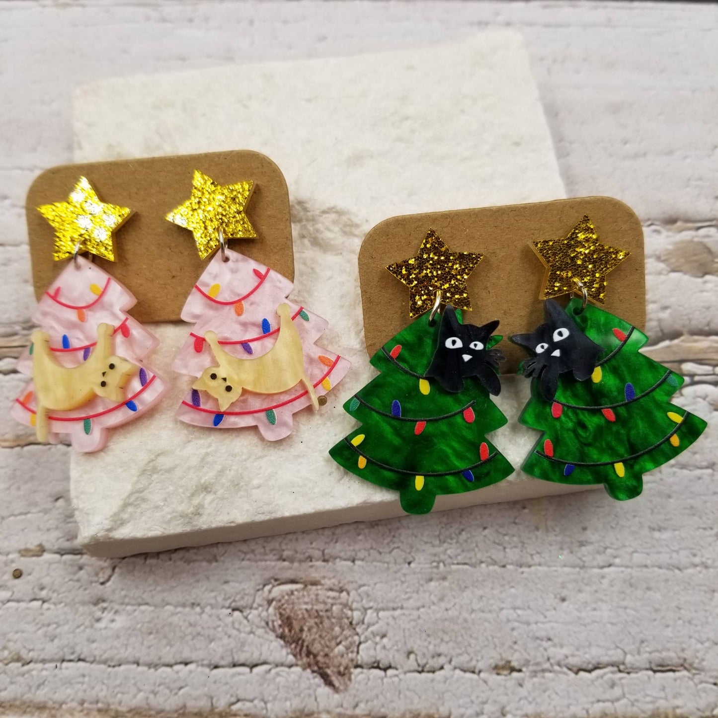 Barn Cat Christmas Tree Earrings