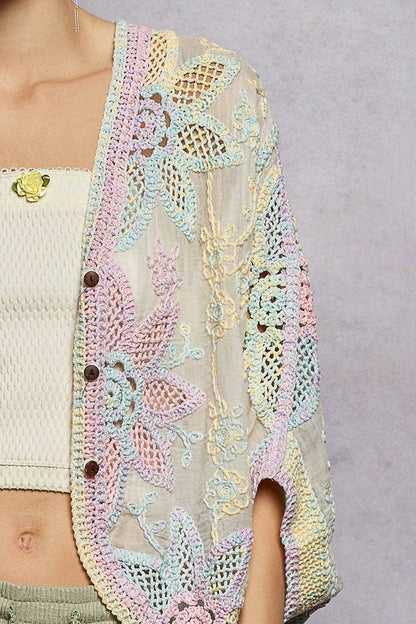 Oversized V-neck Batwing Sleeve Crochet Cardigan : RAINBOW / One Size