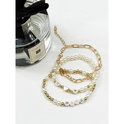 Pearl Beaded and Chain Mama Gold Bracelet: PEARL/GOLD / ONE(12)