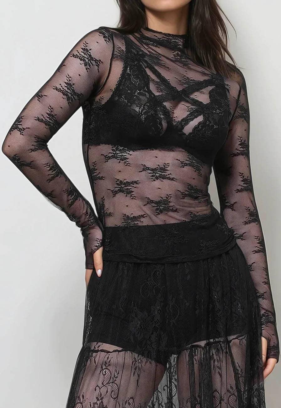 Lux Layering Floral Lace Top - Black