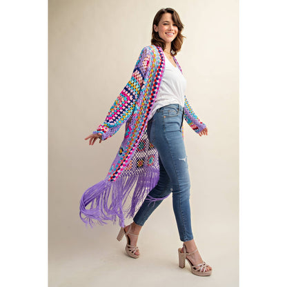 COLORFUL CROCHET FRINGE CARDIGAN DUSTER: Black Combo / SM-ML(3-3)