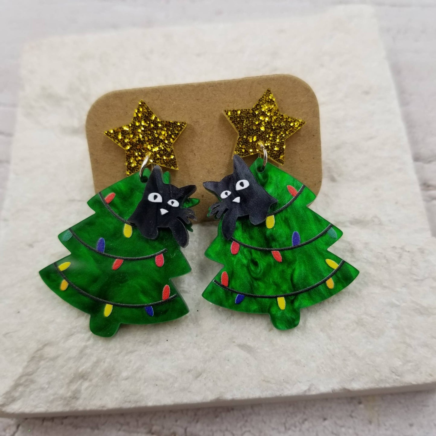 Barn Cat Christmas Tree Earrings