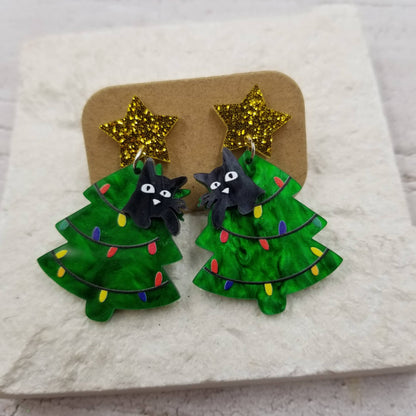 Barn Cat Christmas Tree Earrings