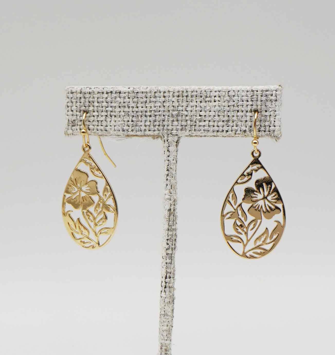 Shiny Gold Plated Openwork Floral Teardrop Earring