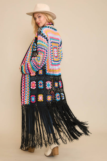 COLORFUL CROCHET FRINGE CARDIGAN DUSTER: Black Combo / SM-ML(3-3)