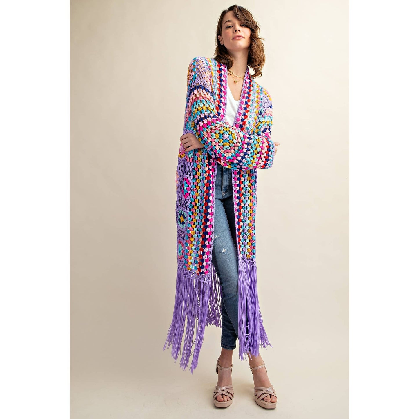 COLORFUL CROCHET FRINGE CARDIGAN DUSTER: Black Combo / SM-ML(3-3)