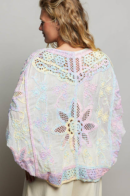 Oversized V-neck Batwing Sleeve Crochet Cardigan : RAINBOW / One Size