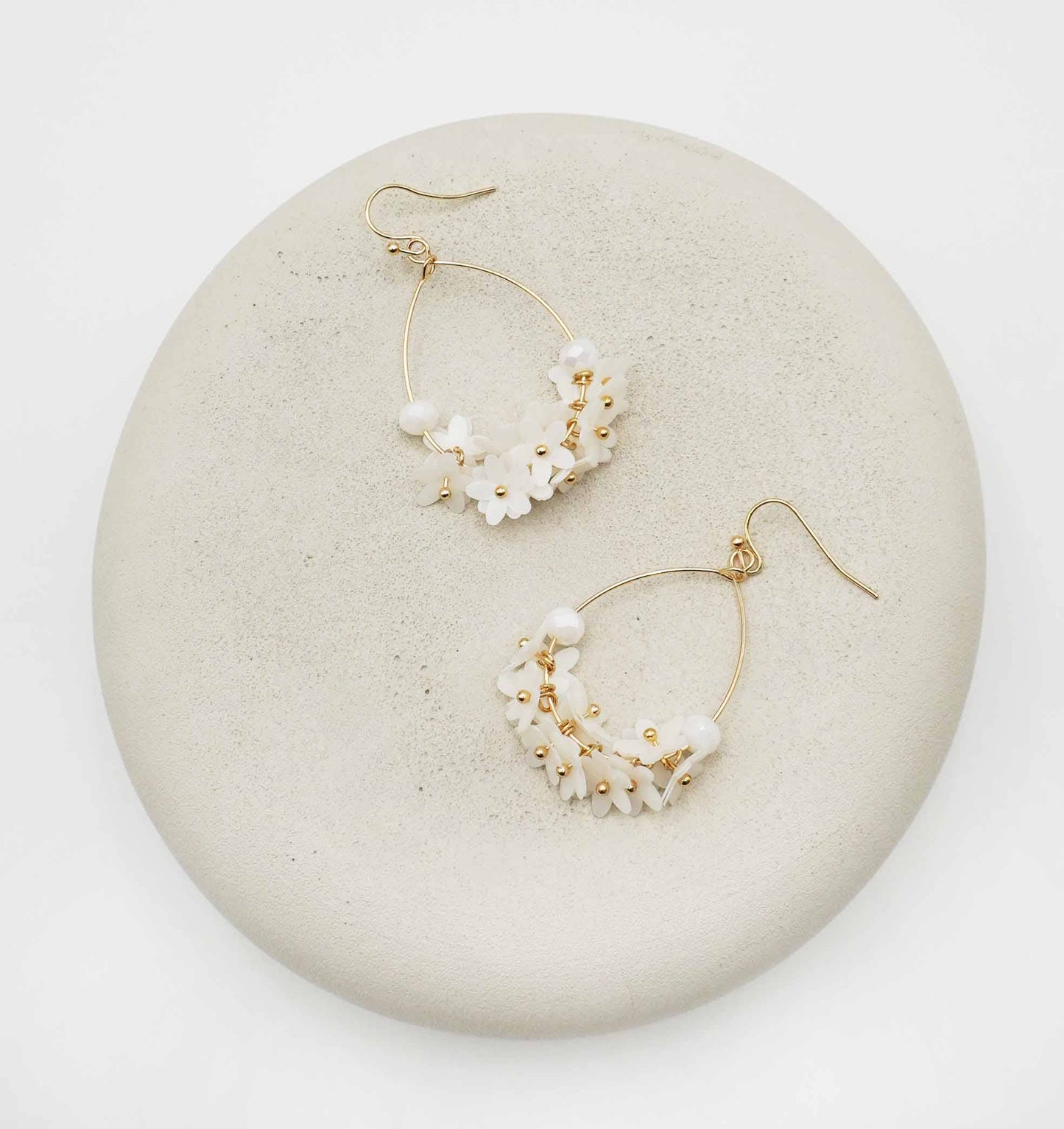 White Sequin Blossom Teardrop Hoop Earring