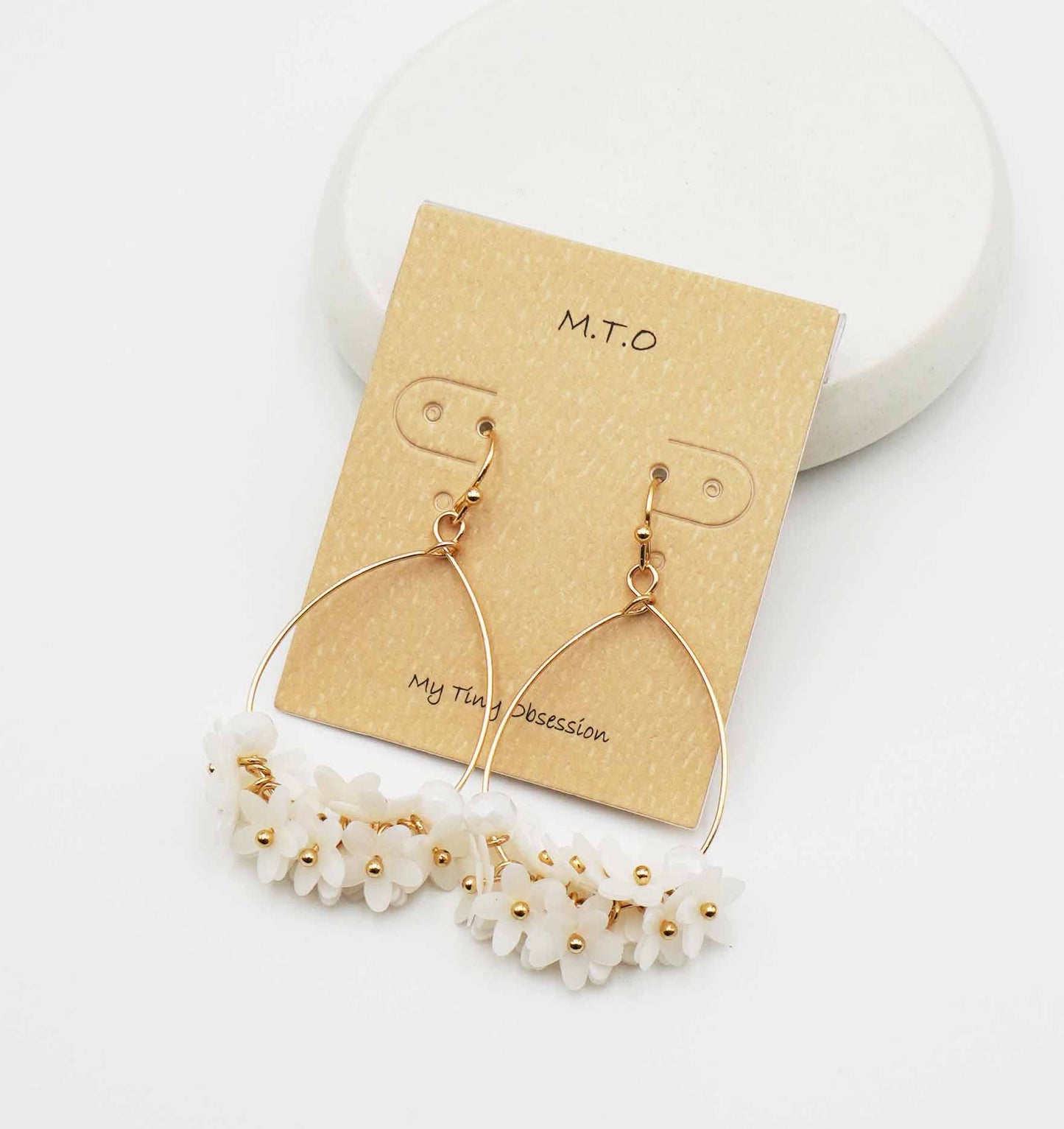 White Sequin Blossom Teardrop Hoop Earring