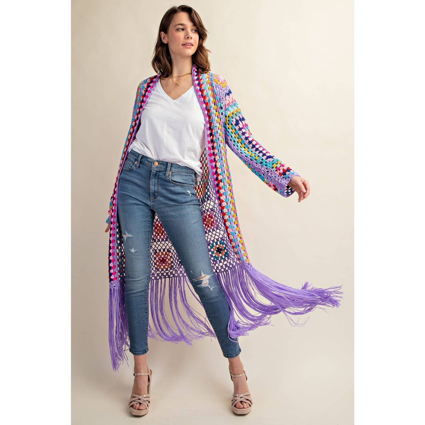 COLORFUL CROCHET FRINGE CARDIGAN DUSTER: Black Combo / SM-ML(3-3)