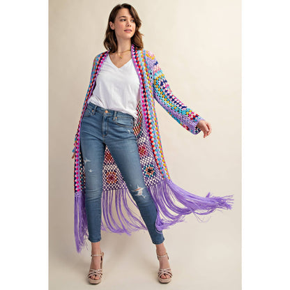 COLORFUL CROCHET FRINGE CARDIGAN DUSTER: Black Combo / SM-ML(3-3)