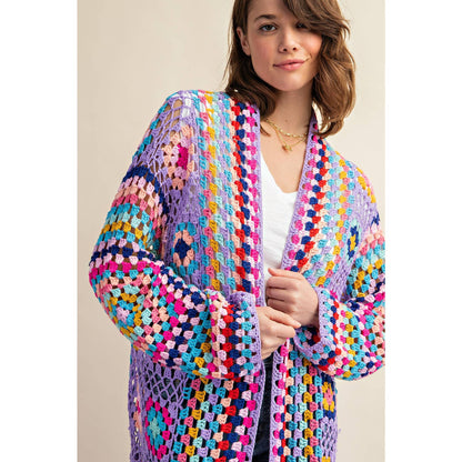 COLORFUL CROCHET FRINGE CARDIGAN DUSTER: Black Combo / SM-ML(3-3)