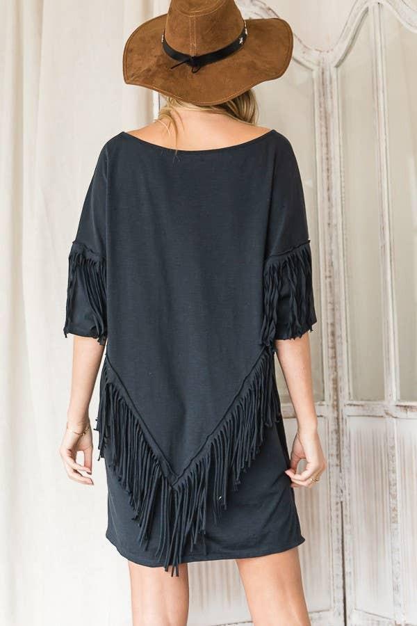 Fringe Back T-shirt Mini Dress - Navy