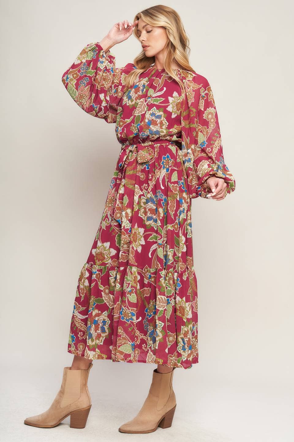 A printed woven midi dress - ID20511: MERLOT / Contemporary / L