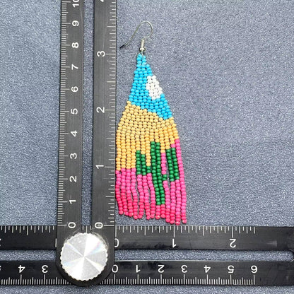 Western Style Cactus Seed Beads Fringe Earrings - SB/WJ: Colored