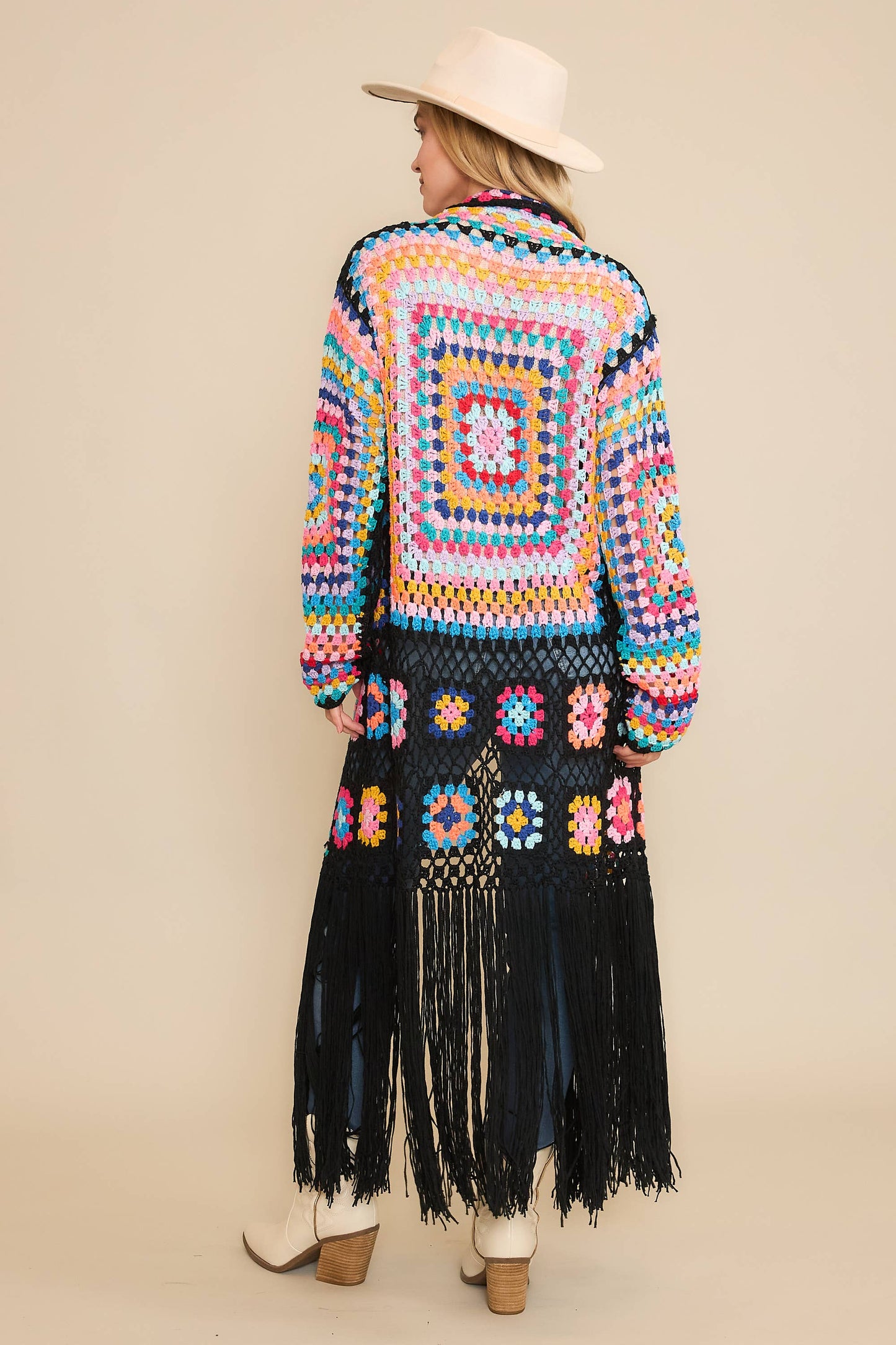 COLORFUL CROCHET FRINGE CARDIGAN DUSTER: Black Combo / SM-ML(3-3)