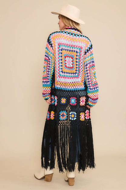 COLORFUL CROCHET FRINGE CARDIGAN DUSTER: Black Combo / SM-ML(3-3)