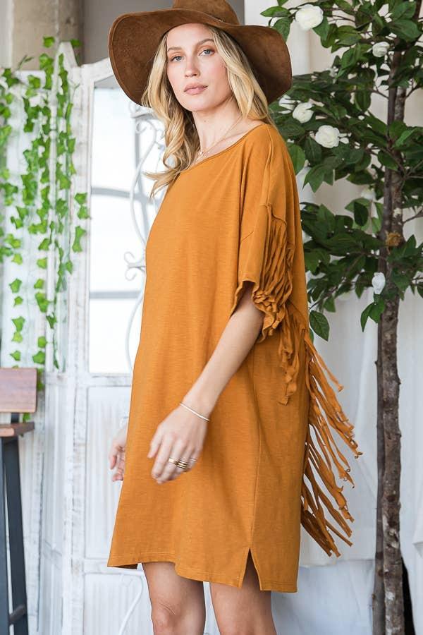 Fringe Back T-shirt Mini Dress - Camel