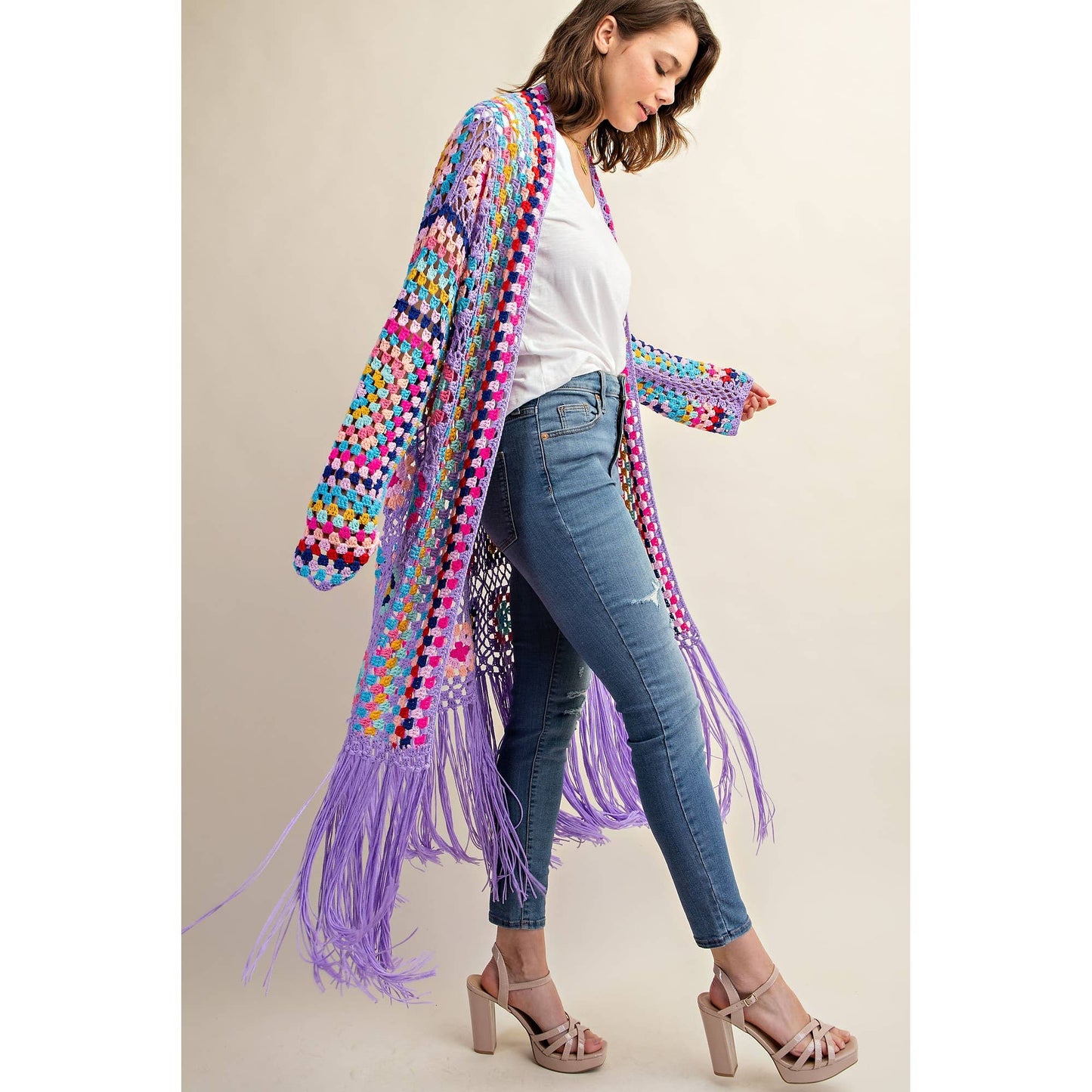 COLORFUL CROCHET FRINGE CARDIGAN DUSTER: Black Combo / SM-ML(3-3)