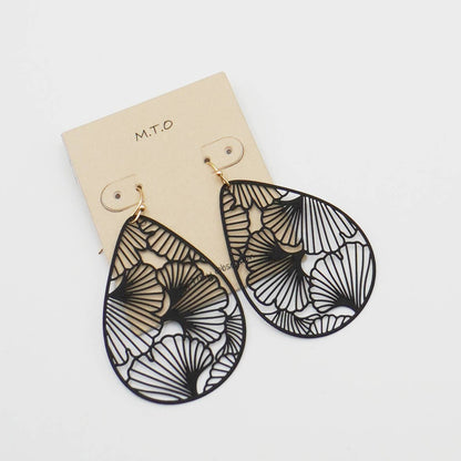 Black Teardrop Ginkgo Leaf Filigree Earrings