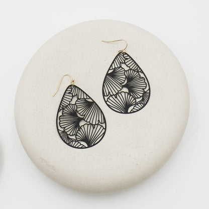 Black Teardrop Ginkgo Leaf Filigree Earrings