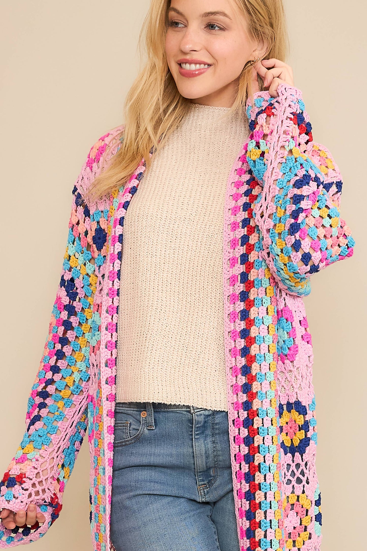 COLORFUL CROCHET FRINGE CARDIGAN DUSTER: Black Combo / SM-ML(3-3)