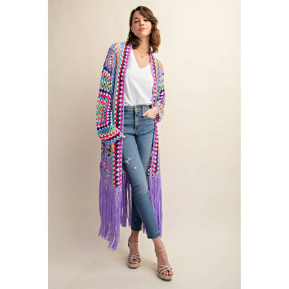 COLORFUL CROCHET FRINGE CARDIGAN DUSTER: Black Combo / SM-ML(3-3)