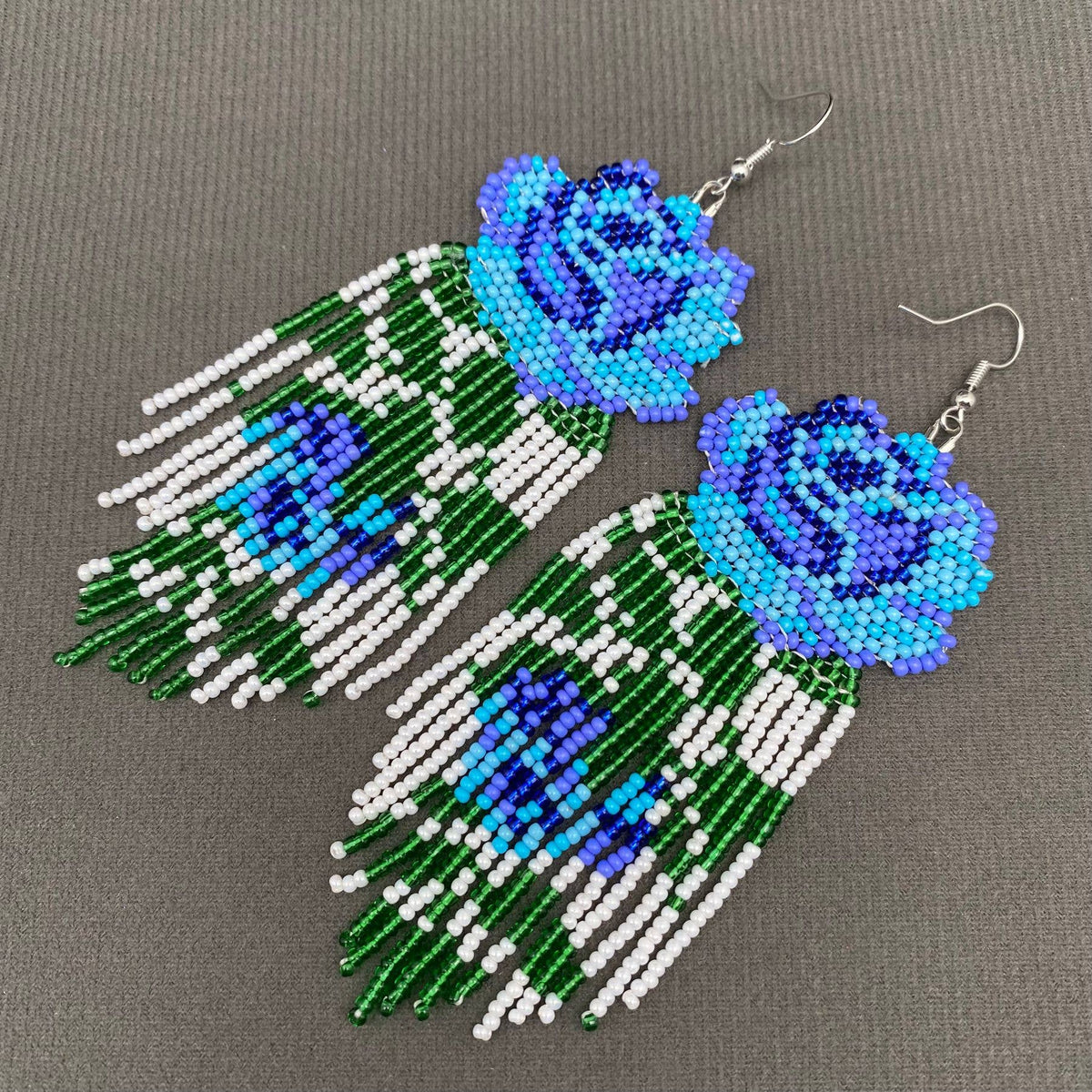 Blue Flower Handmade Seed Beads Tassel Earrings - SB