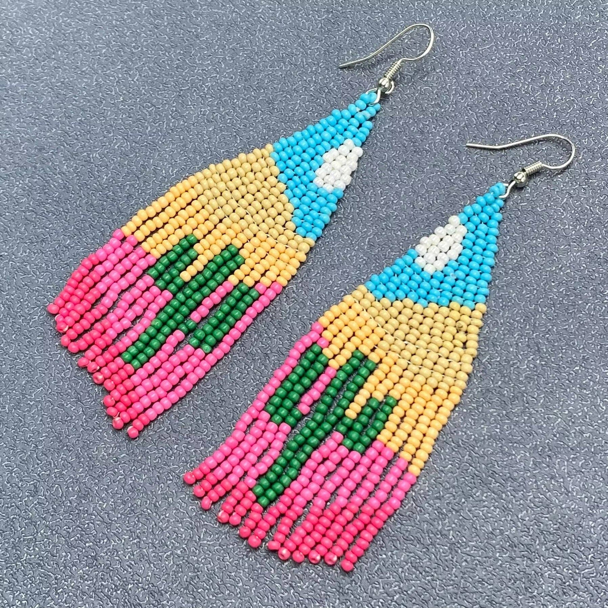 Western Style Cactus Seed Beads Fringe Earrings - SB/WJ: Colored